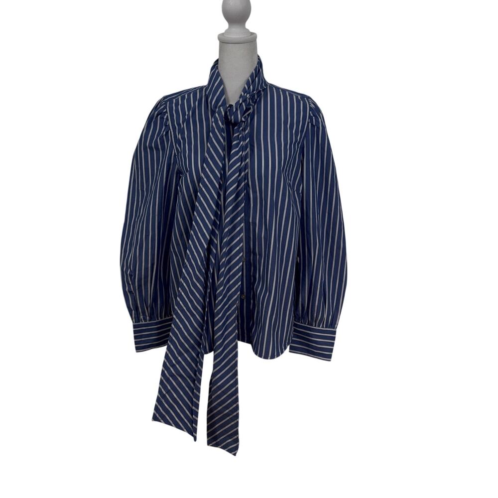 Free Assembly blue and white striped blouse Long Pun Sleeves Tie Neck Details XS